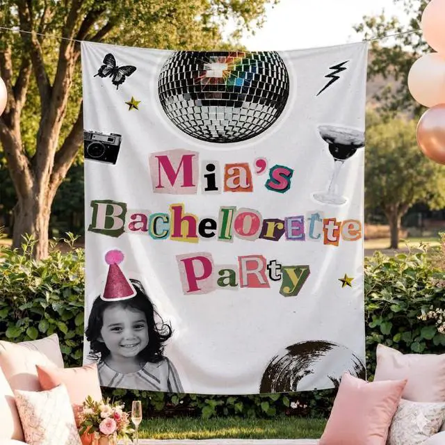 Alt view image 3 of 7 - Personalized Bachelorette Banner Backdrop Custom Name Photo Disco Ball Dark Vibe Bach Weekend Photo Backdrop Bridal Shower Hen Night Girls Night Last Dance Bride To Be Decor Sign Wall Art Print