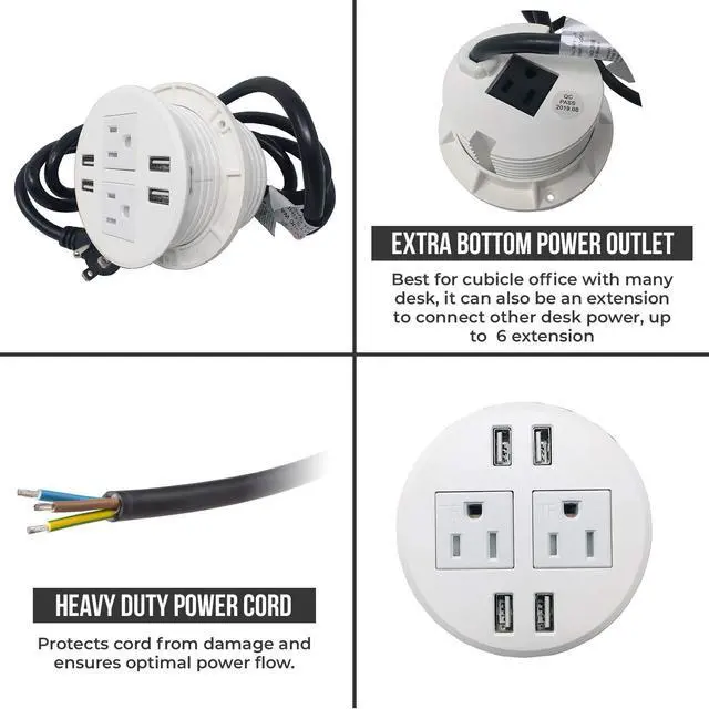 Alt view image 4 of 7 - Round Desktop Multi-Devices Charging Station Power Grommet Outlet, FITS 3 1/8" - 3 1/4" 2 (TR) AC, 3 Power Outlets AC, 4 USB Charging Ports ETL Listed (4 USB/3 Power-DC-8889(White))