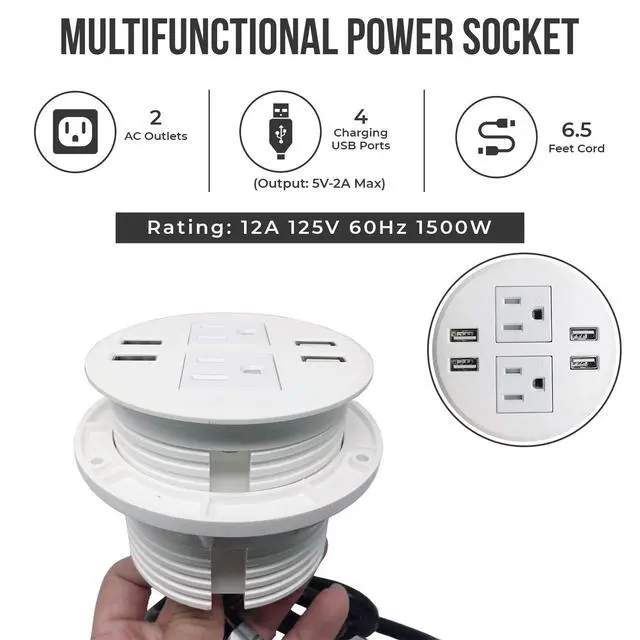 Alt view image 2 of 7 - Round Desktop Multi-Devices Charging Station Power Grommet Outlet, FITS 3 1/8" - 3 1/4" 2 (TR) AC, 3 Power Outlets AC, 4 USB Charging Ports ETL Listed (4 USB/3 Power-DC-8889(White))
