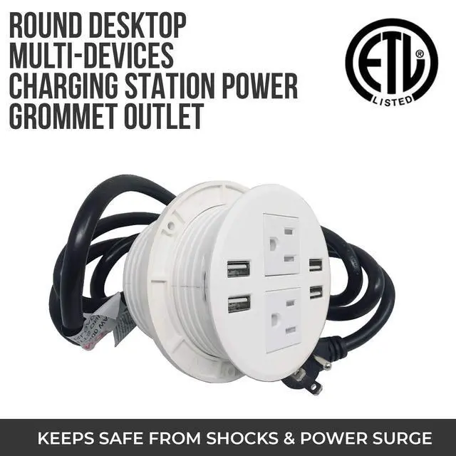 Alt view image 6 of 7 - Round Desktop Multi-Devices Charging Station Power Grommet Outlet, FITS 3 1/8" - 3 1/4" 2 (TR) AC, 3 Power Outlets AC, 4 USB Charging Ports ETL Listed (4 USB/3 Power-DC-8889(White))