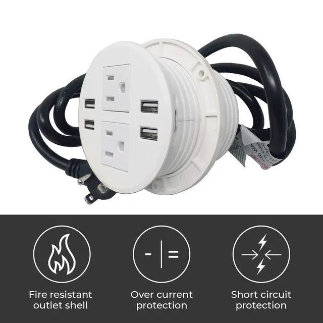 Alt view image 5 of 7 - Round Desktop Multi-Devices Charging Station Power Grommet Outlet, FITS 3 1/8" - 3 1/4" 2 (TR) AC, 3 Power Outlets AC, 4 USB Charging Ports ETL Listed (4 USB/3 Power-DC-8889(White))