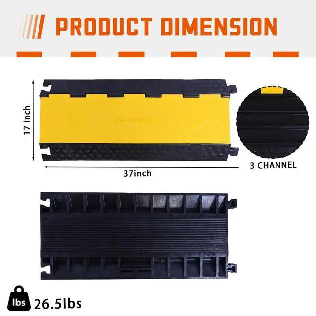 Alt view image 2 of 7 - 2PACK 3 Channel Cable Protector Ramp, Heavy Duty Rubber Driveway Cord Cover, Anti-Slip Wire Protector for Cables & Hoses, Indoor/Outdoor Safety Cover for Warehouse Garage