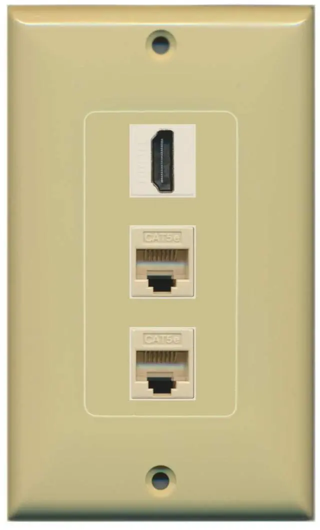 Main image of 1 HDMI and 2 Cat5e Ethernet Port Female Decorative Wall Plate - Ivory - Bracket Included