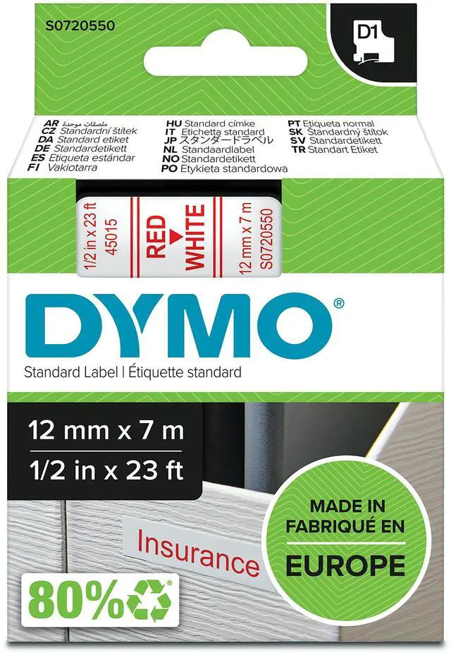 Main image of D1 Labels, 12mm x 7m Roll, Red Print on White, Self-Adhesive Labels for LabelManager Label Printers, Authentic
