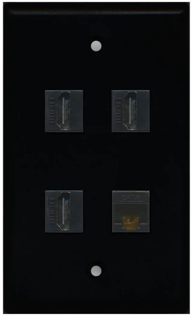 Main image of 3 Port HDMI 1 Port Cat6 Ethernet Wall Plate - Black