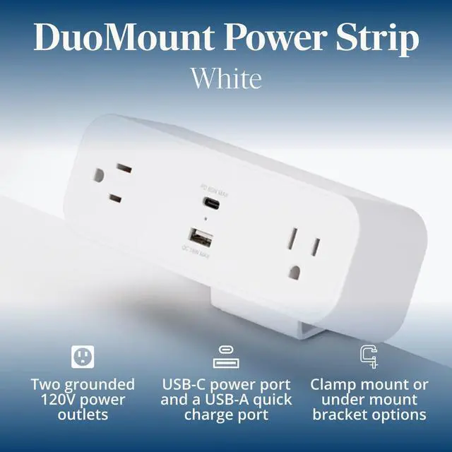 Alt view image 2 of 7 - DuoMount Desk Clamp Power Strip USB-C & USB-A Charging Desk Power Strips with 10ft Cord, Edge Mount Hub for Home Office and Gaming Accessories (White)