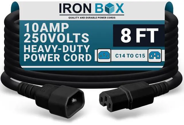 Main image of IronBox Electric - Heavy-Duty C14 to C15 PC Power Cable - 10A, 250V, 18/3 SJT - IEC 320 Computer Power Supply Extension Cords - PSU Wire Connectors - Versatile for Home and Office Use(Black, 8 Foot)