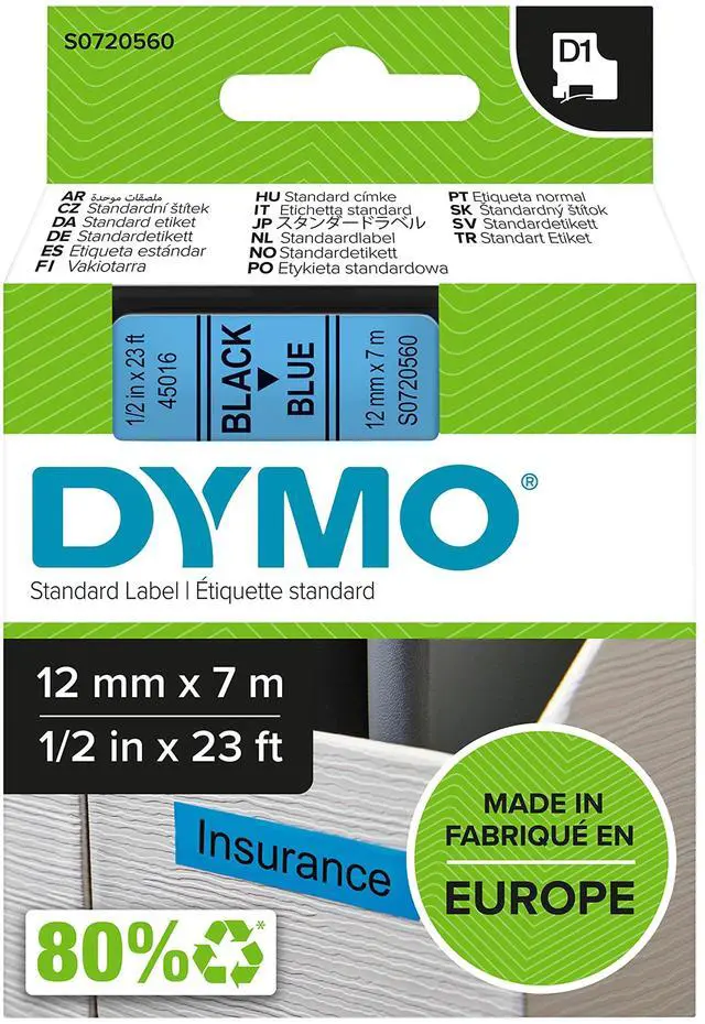 Main image of D1 Standard 45016 Label Maker Tape, 1/2-inch x 23', Black on Blue (45016)
