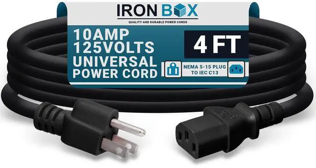 Main image of IronBox Electric NEMA 5-15 Plug to IEC C13 Connector Power Cords - 10A,125V, 18/3 SJT - UL Listed Universal Power Supply Cable - Jumper Cord for Computer, Monitor, Desktop, Speaker & More (4ft, Black)