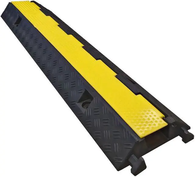 Main image of Cable Protector 1 Channel 2.75" x 2" Traffic Hose and Wire Cover Rubber Black Base with Yellow Lid (3 Feet) 5,000 lbs/axle