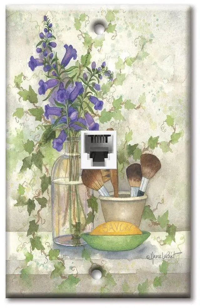 Main image of One Port RJ11 - Telephone decorative printed keystone style wall plate. CAT3 - RJ12 Female to Female phone jack. Works for phones, fax, ect. - Bath Brushes