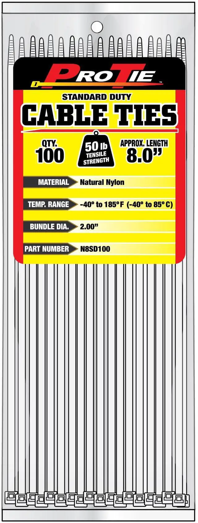 Main image of Pro Tie Standard Duty, Self-Locking Nylon Cable Wire Ties for Indoor and Outdoor Use | 8-Inch, 50 lbs. Tensile Strength, Natural Nylon, 100-Pack (PN: N8SD100)