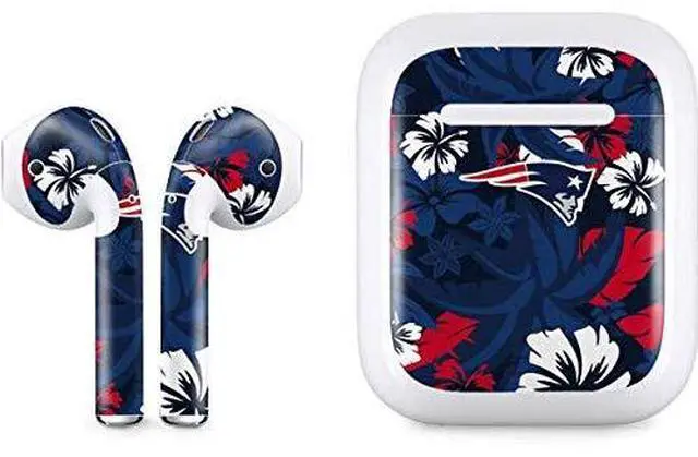 Main image of Decal Audio Skin Compatible with Apple AirPods - Officially Licensed NFL New England Patriots Tropical Print Design