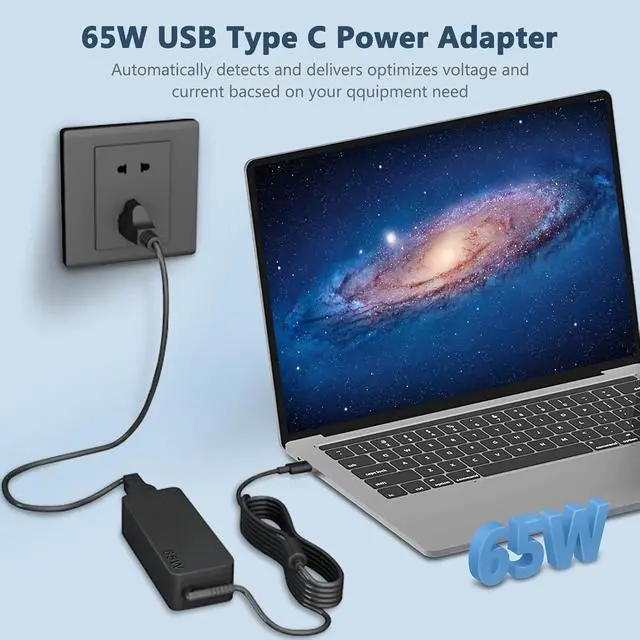 Alt view image 2 of 7 - 65W USB C Laptop Charger Compatible with ThinkPad T14 T15 T480 T490 X390, X1 Carbon, Yoga C930, Chromebook C330 Type C Power Supply