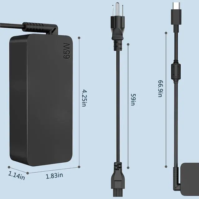 Alt view image 4 of 7 - 65W USB C Laptop Charger Compatible with ThinkPad T14 T15 T480 T490 X390, X1 Carbon, Yoga C930, Chromebook C330 Type C Power Supply