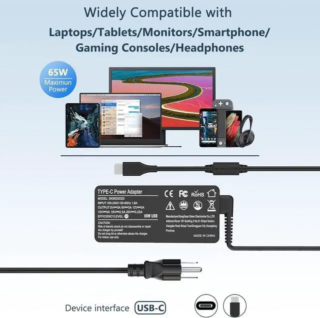 Alt view image 6 of 7 - 65W USB C Laptop Charger Compatible with ThinkPad T14 T15 T480 T490 X390, X1 Carbon, Yoga C930, Chromebook C330 Type C Power Supply