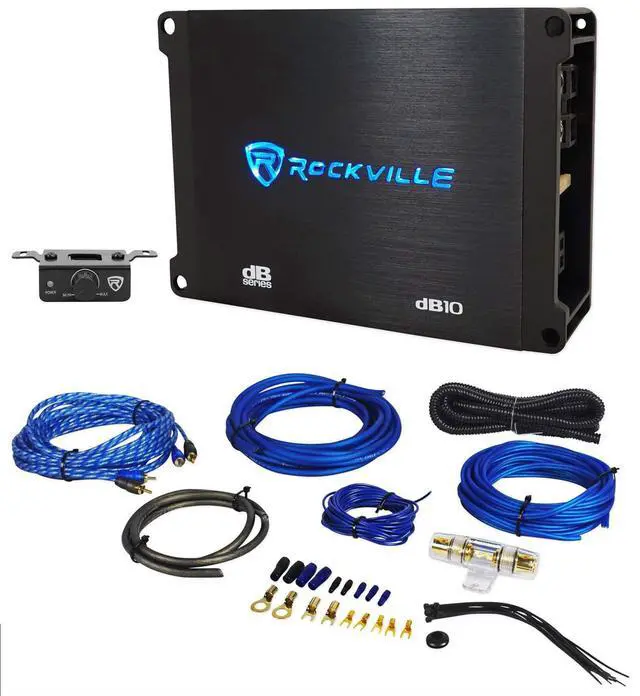 Main image of dB10 Dyno-Certified 4-Ohm Mono Car Amplifier with RWK81 Wire Kit | 800W Peak / 200W RMS, Class D, 15Hz-250Hz, 12dB Crossover, RWK81 8 AWG Kit with Copper RCA and 60A AGU Fuse, 2-Items