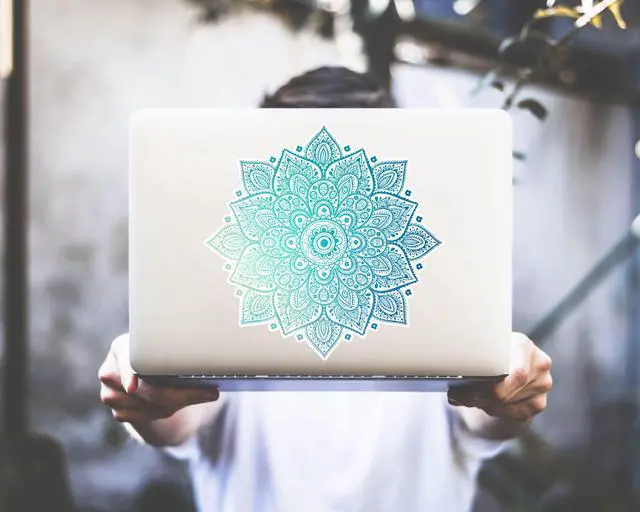 Alt view image 7 of 7 - Mandala Laptop Sticker Decal - Removable Waterproof White Vinyl Decals Stickers - Mandalas Light Green Turquoise Sticker Partial Skin Compatible with Computer MacBook Air Pro 13 15 inch Mac