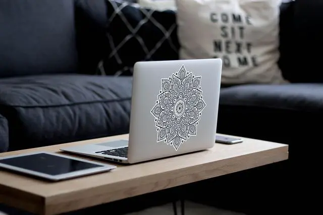 Alt view image 3 of 7 - Black Mandala Laptop Sticker - Waterproof White Vinyl Decal Compatible with MacBook Air/Pro 13 & 15 inch - Cosmic Noir Design for Enhanced Style on Computer Laptops
