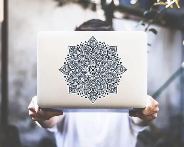 Alt view image 4 of 7 - Black Mandala Laptop Sticker - Waterproof White Vinyl Decal Compatible with MacBook Air/Pro 13 & 15 inch - Cosmic Noir Design for Enhanced Style on Computer Laptops