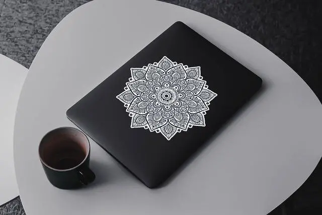 Alt view image 2 of 7 - Black Mandala Laptop Sticker - Waterproof White Vinyl Decal Compatible with MacBook Air/Pro 13 & 15 inch - Cosmic Noir Design for Enhanced Style on Computer Laptops