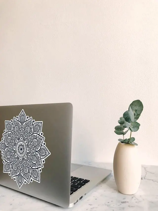 Alt view image 6 of 7 - Black Mandala Laptop Sticker - Waterproof White Vinyl Decal Compatible with MacBook Air/Pro 13 & 15 inch - Cosmic Noir Design for Enhanced Style on Computer Laptops