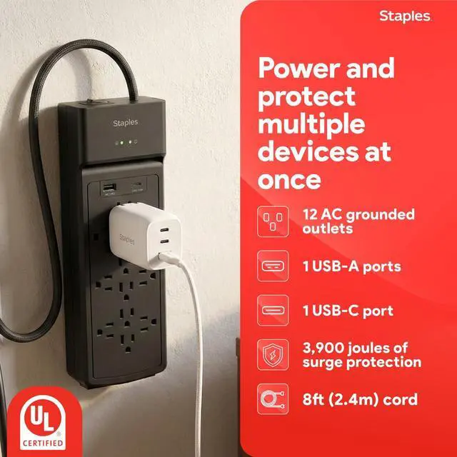 Alt view image 2 of 7 - TECH 12-Outlet Surge Protector, 2 USB Ports, 8 Ft Cord, 3900J | Flat offset plug for home and office electronics. Black, braided cord