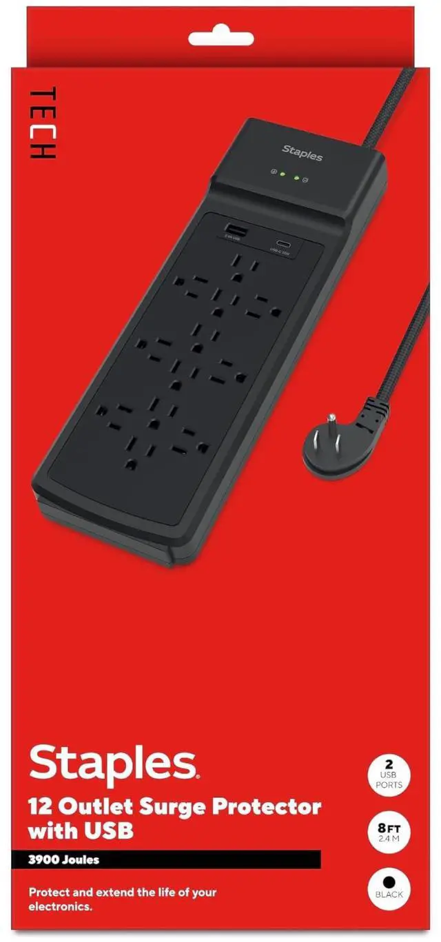 Main image of TECH 12-Outlet Surge Protector, 2 USB Ports, 8 Ft Cord, 3900J | Flat offset plug for home and office electronics. Black, braided cord