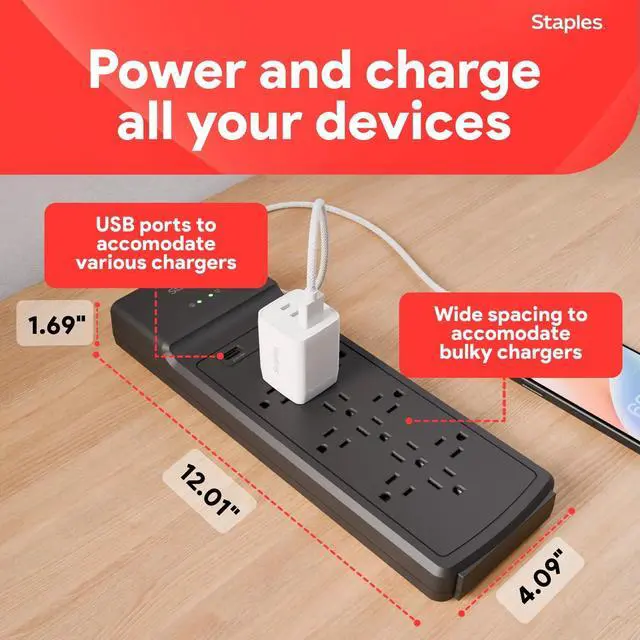 Alt view image 3 of 7 - TECH 12-Outlet Surge Protector, 2 USB Ports, 8 Ft Cord, 3900J | Flat offset plug for home and office electronics. Black, braided cord