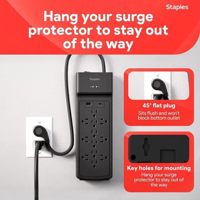 Alt view image 4 of 7 - TECH 12-Outlet Surge Protector, 2 USB Ports, 8 Ft Cord, 3900J | Flat offset plug for home and office electronics. Black, braided cord