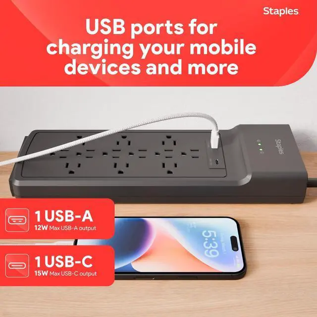 Alt view image 6 of 7 - TECH 12-Outlet Surge Protector, 2 USB Ports, 8 Ft Cord, 3900J | Flat offset plug for home and office electronics. Black, braided cord