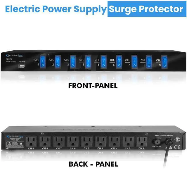 Alt view image 6 of 7 - Power Supply Strip, 9 Power Outlet with Switches | 5V USB Charging Port, 1800 Watts Max Load Power Conditioner, High Load Power Electric Extension Cord Strip, 4 Ft