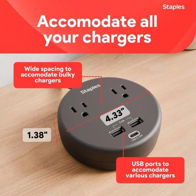 Alt view image 3 of 7 - TECH Surge Protector, 2 Outlets, 3 USB, 5 Ft Cord, 500J | Compact black design for home and office electronics protection