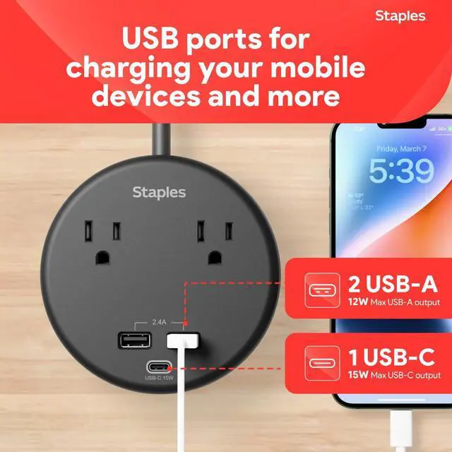 Alt view image 5 of 7 - TECH Surge Protector, 2 Outlets, 3 USB, 5 Ft Cord, 500J | Compact black design for home and office electronics protection