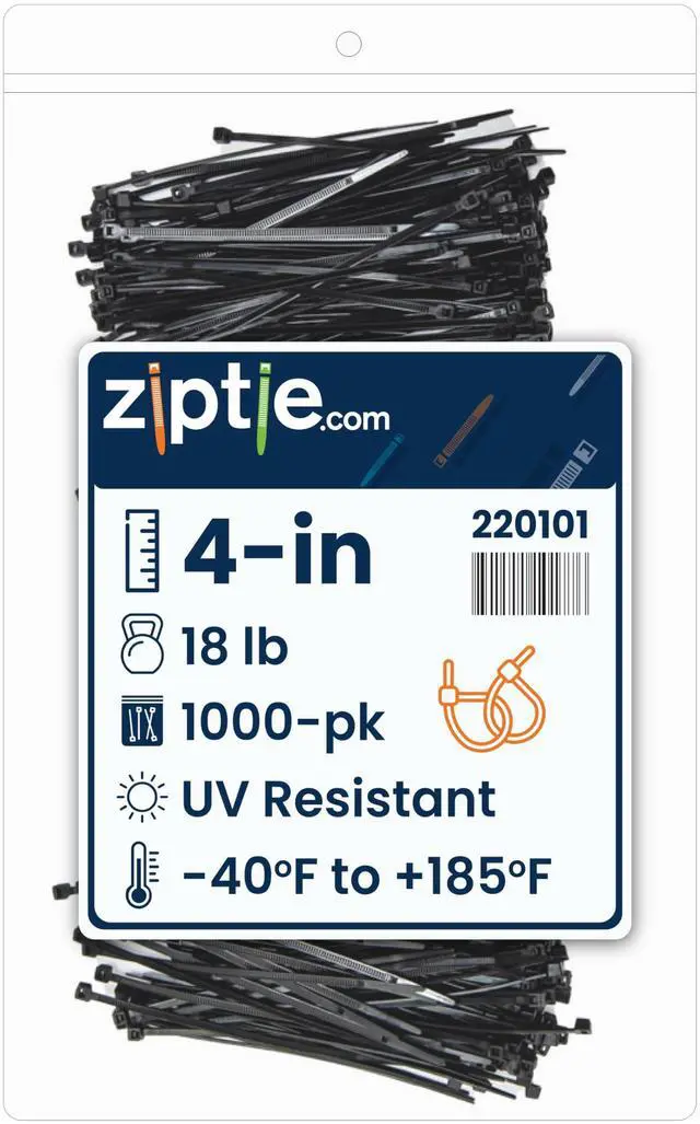 Main image of 4-inch UV Resistant Black Multi-Purpose Cable Tie, 18-lb Tensile Strength, UL 21 Listed, 1,000-Pack