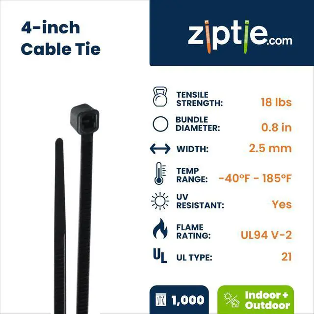 Alt view image 2 of 7 - 4-inch UV Resistant Black Multi-Purpose Cable Tie, 18-lb Tensile Strength, UL 21 Listed, 1,000-Pack