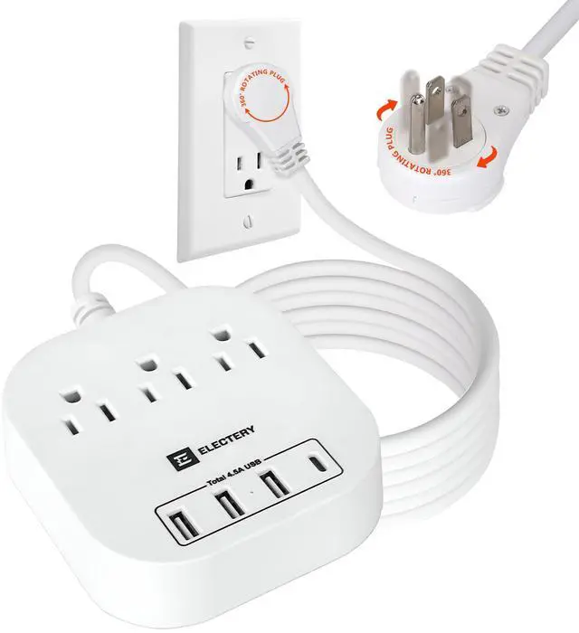 Main image of 360° Rotating Flat Plug Power Strip, 10 Ft Extension Cord with 3 AC Outlets, 4 USB Ports 16 AWG Wire for Home, Office, and Travel - ETL Certified, White