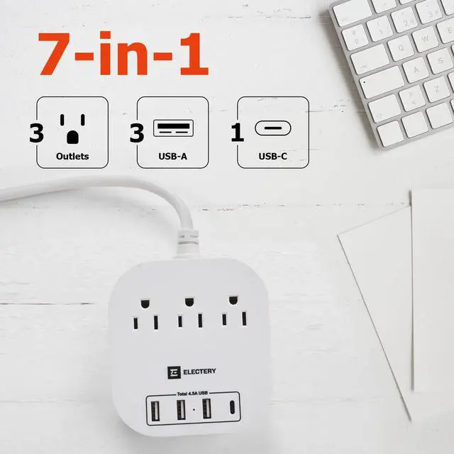 Alt view image 3 of 7 - 360° Rotating Flat Plug Power Strip, 10 Ft Extension Cord with 3 AC Outlets, 4 USB Ports 16 AWG Wire for Home, Office, and Travel - ETL Certified, White