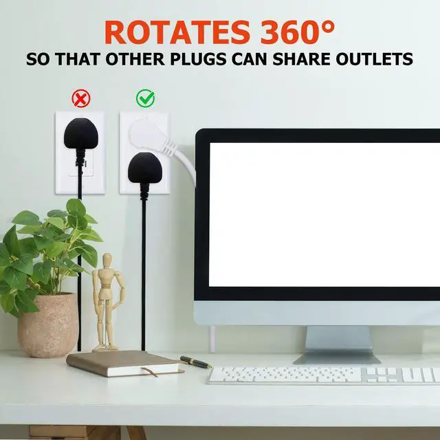 Alt view image 4 of 7 - 360° Rotating Flat Plug Power Strip, 10 Ft Extension Cord with 3 AC Outlets, 4 USB Ports 16 AWG Wire for Home, Office, and Travel - ETL Certified, White
