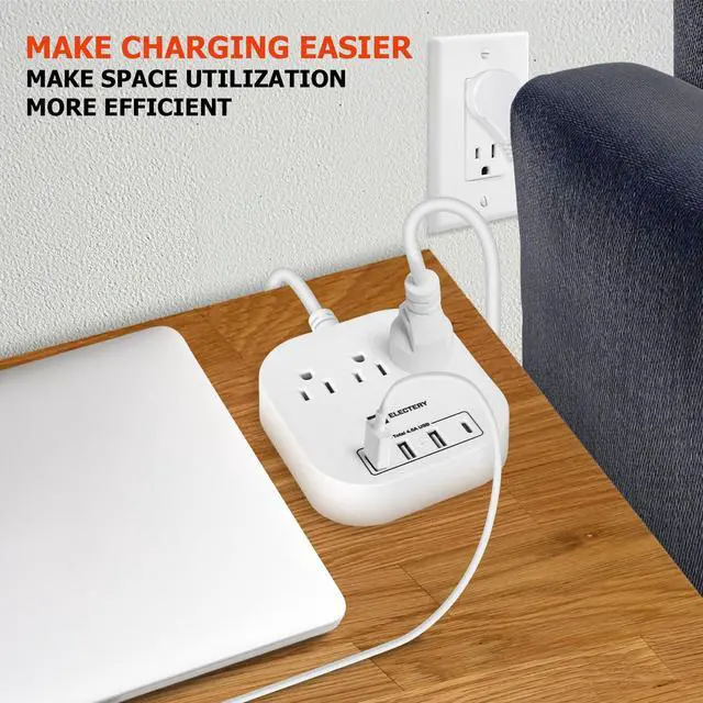 Alt view image 5 of 7 - 360° Rotating Flat Plug Power Strip, 10 Ft Extension Cord with 3 AC Outlets, 4 USB Ports 16 AWG Wire for Home, Office, and Travel - ETL Certified, White