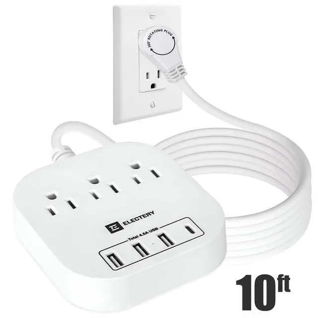Alt view image 7 of 7 - 360° Rotating Flat Plug Power Strip, 10 Ft Extension Cord with 3 AC Outlets, 4 USB Ports 16 AWG Wire for Home, Office, and Travel - ETL Certified, White
