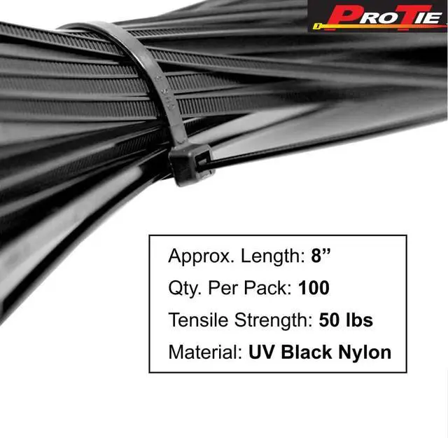 Alt view image 2 of 6 - Pro Tie Standard Duty, Self-Locking UV Nylon Cable Wire Ties for Indoor and Outdoor Use | 8-Inch, 50 lbs. Tensile Strength, UV Black Nylon, 100-Pack (PN: B8SD100)