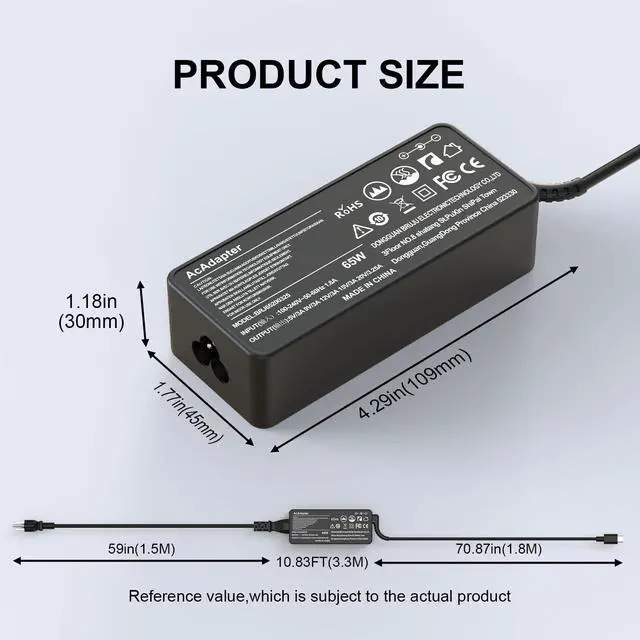 Alt view image 2 of 7 - 65W 45W USB-C Laptop Charger Compatible with Lenovo X1 Carbon, ThinkPad T480/T490/T14/T14s, Yoga C740, IdeaPad Flex 5/E15, and ADLX65 Series (20V 3.25A)