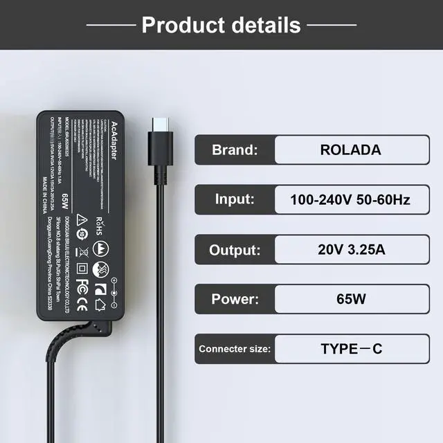 Alt view image 3 of 7 - 65W 45W USB-C Laptop Charger Compatible with Lenovo X1 Carbon, ThinkPad T480/T490/T14/T14s, Yoga C740, IdeaPad Flex 5/E15, and ADLX65 Series (20V 3.25A)