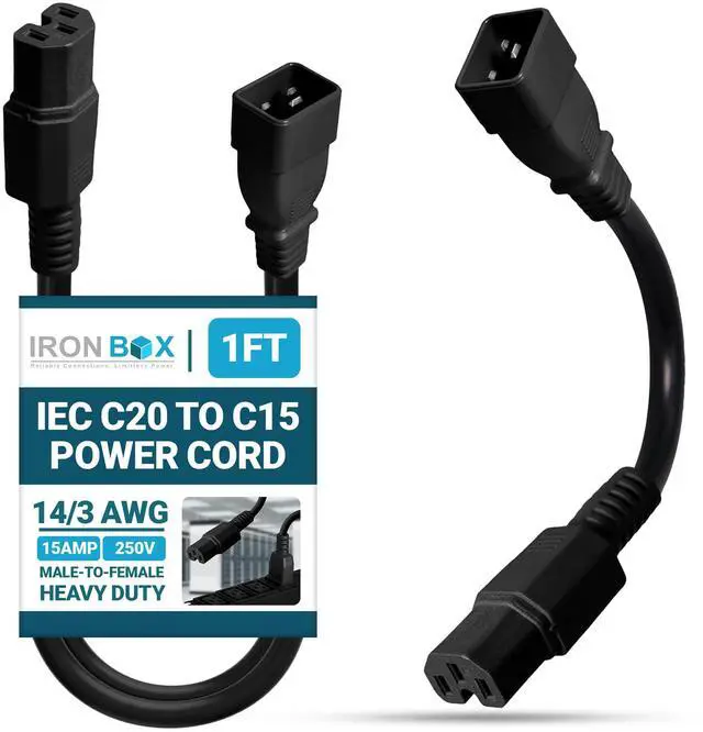 Main image of IronBox Electric - IEC C20 to C15 Power Cord - Rated for 15A/250V - 14/3 AWG Jacket - Premium Power Cable for Data Centers - Ideal for Connecting Computers & Servers to Rack Mount PDUs (1 feet)