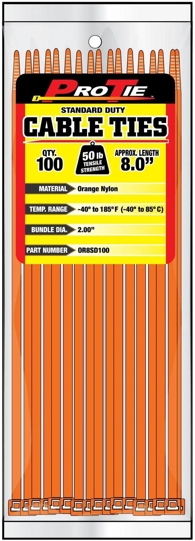 Main image of Pro Tie Standard Duty, Self-Locking Nylon Cable Wire Ties for Indoor and Outdoor Use | 8-Inch, 50 lbs. Tensile Strength, Orange Nylon, 100-Pack (PN: OR8SD100)