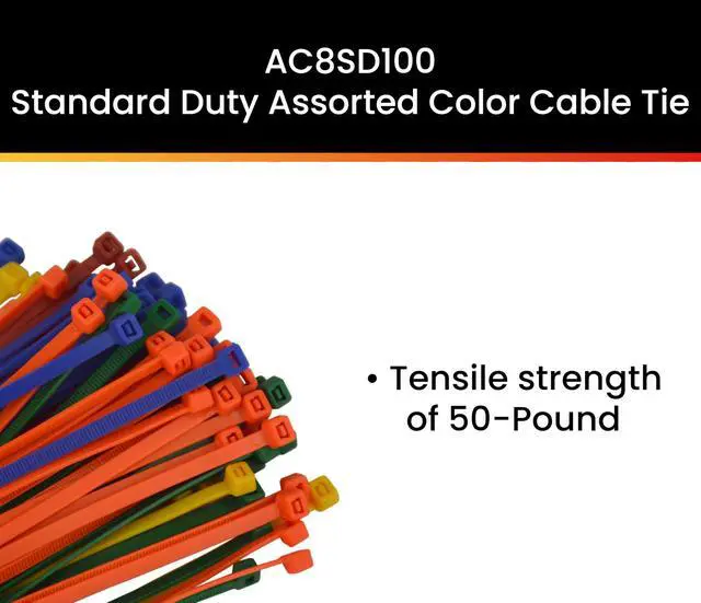 Alt view image 3 of 6 - Pro Tie AC8SD100 8-Inch Assorted Color Standard Duty Color Cable Tie, Assorted Nylon, 100-Pack