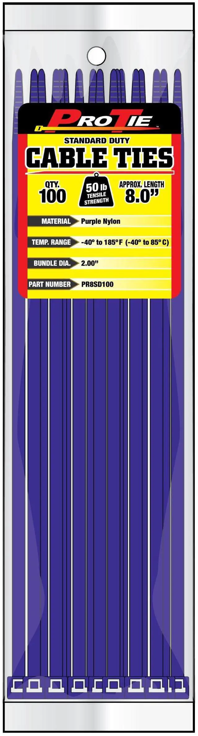 Main image of Pro Tie Standard Duty, Self-Locking Nylon Cable Wire Ties for Indoor and Outdoor Use | 8-Inch, 50 lbs. Tensile Strength, Purple Nylon, 100-Pack (PN: PR8SD100)