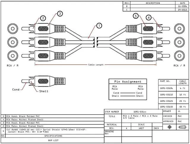Alt view image 2 of 2 - RCA Audio/Video Cable, A/V Cable, 3 RCA Male to 3 RCA Male, RCA Composite Video and Stereo Audio Cord, TV, DVD, CD, Black, 12 feet, RCA Audio Video Cable Male to Male