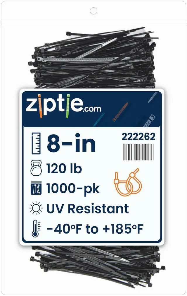 Main image of 8-inch Black Multi-Purpose Cable Tie, 120-lb Tensile Strength, UL 21S Listed, 1000-Pack
